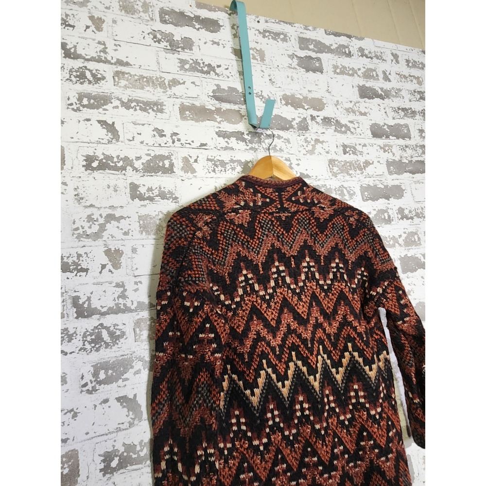 Lucky Brand Sweater Size XS Orange Black Wool Blend Aztec Long Cardigan Oversize - Picture 6 of 14